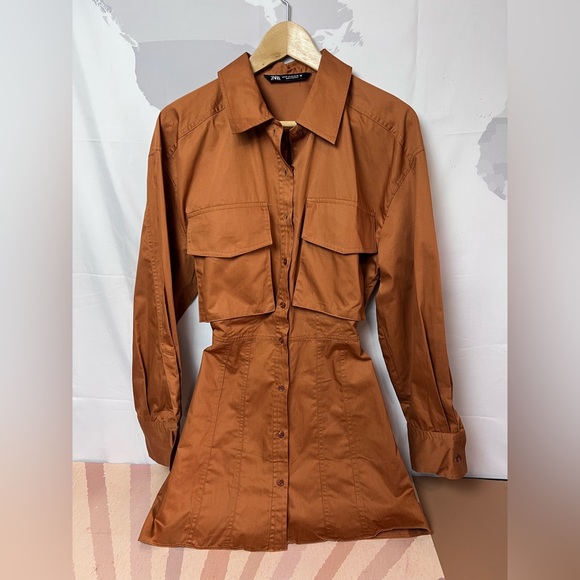 ZARA Poplin Shirt-Dress With Pockets Brown NWOT - Picture 2 of 12